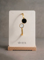 Load image into Gallery viewer, Black & White Shell Geometric Bangle Gold Close-Up Detail — Solisita