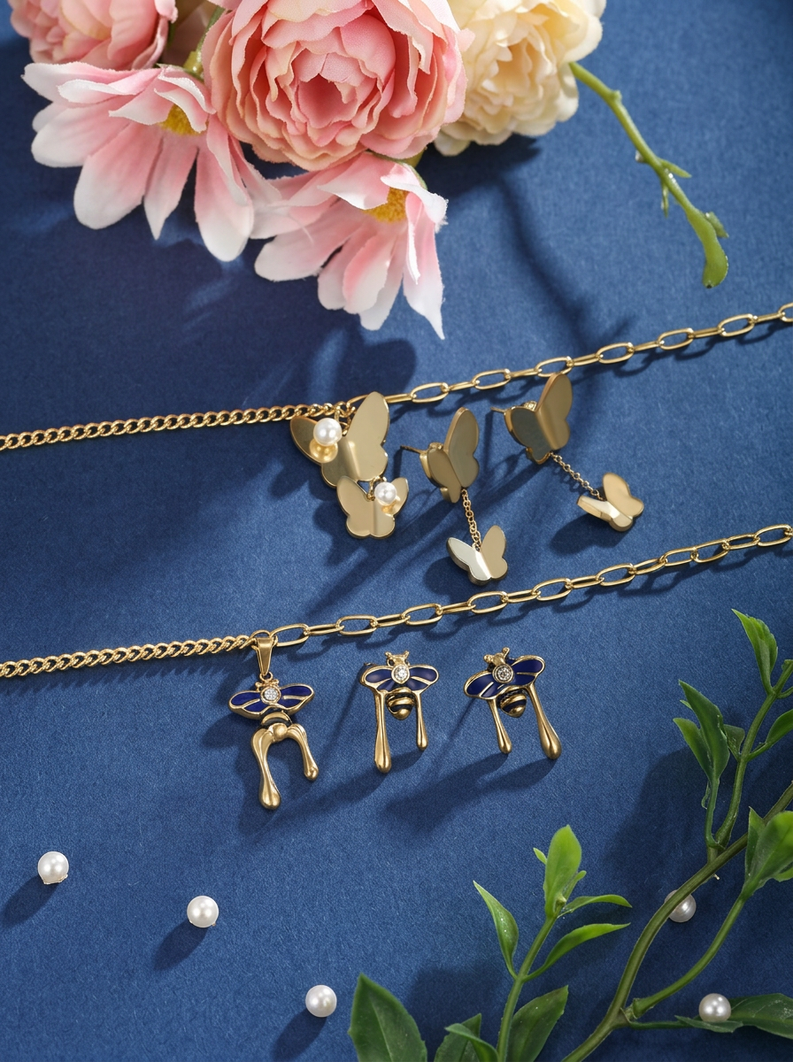 Matte Gold Butterfly & Pearl Asymmetrical Set On-Hand — Solisita
