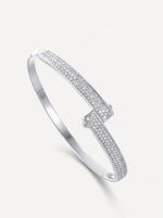 Load image into Gallery viewer, Pavé Crystal Bar Hinged Bangle Silver Front View — Solisita