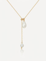 Load image into Gallery viewer, Pearl Lariat Necklace Gold Front View — Solisita
