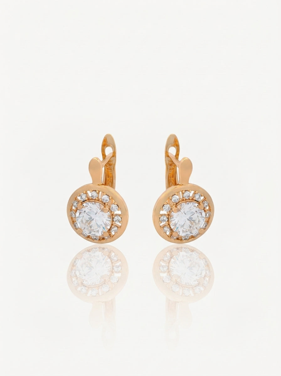 Classic crystal halo leverback earrings gold front view — solisita