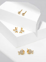 Load image into Gallery viewer, Gold Fish &amp; Floral Stud Earring Set Copper Alloy Close-Up — Solisita
