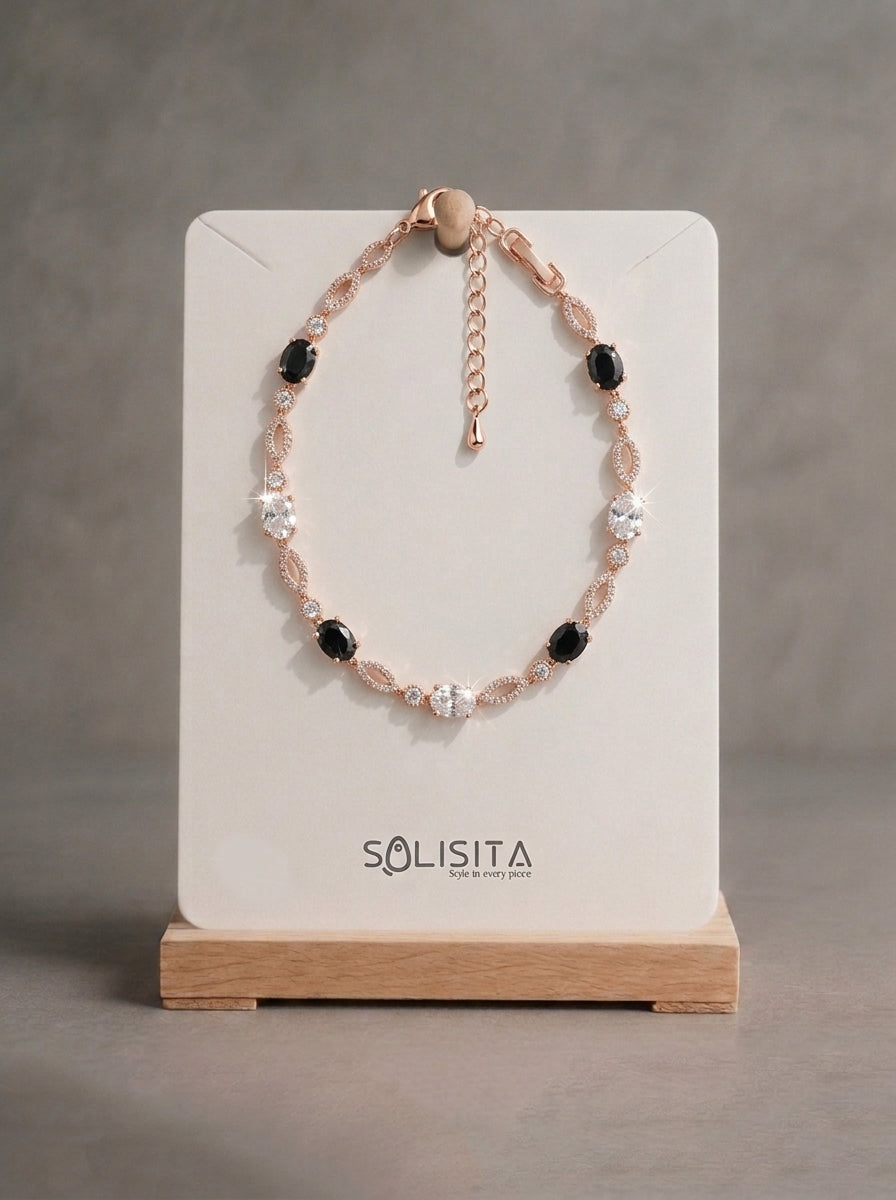 Black & Clear Crystal Link Bracelet Rose Gold Close-Up — Solisita