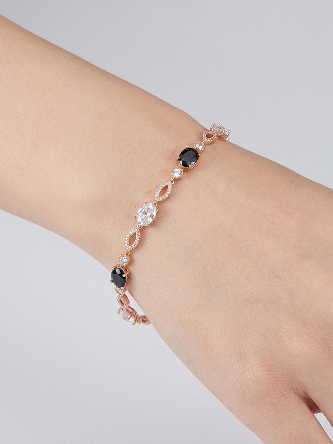 Black & Clear Crystal Link Bracelet Rose Gold On-Hand — Solisita