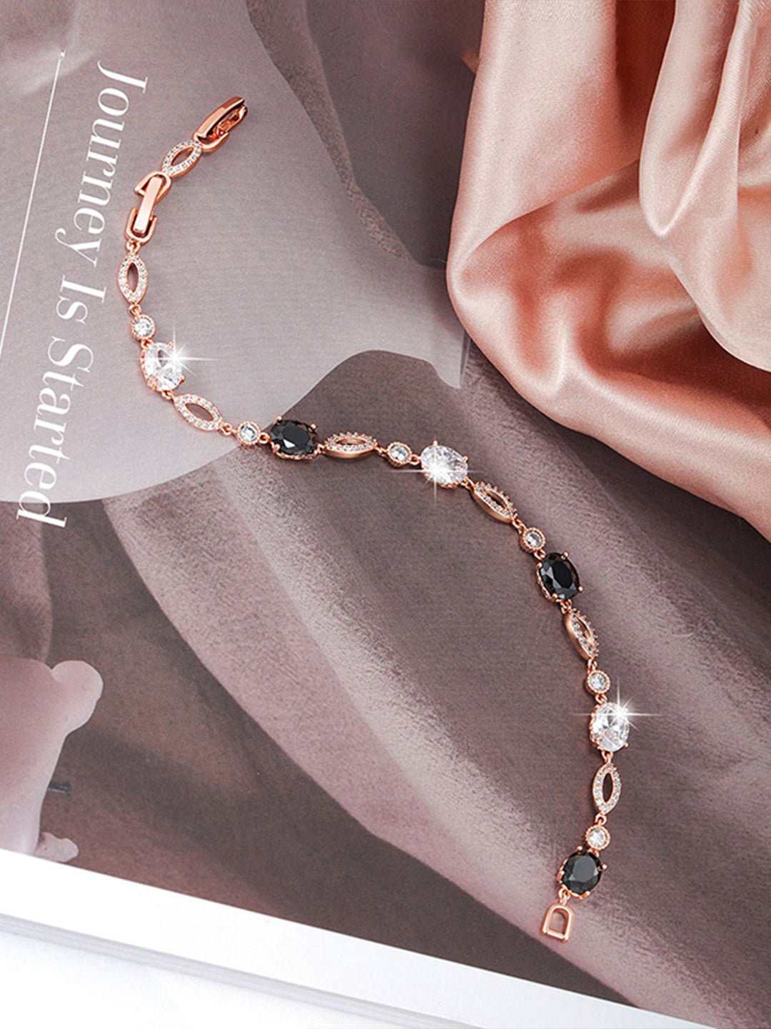 Black & Clear Crystal Link Bracelet Rose Gold Flat-Lay — Solisita