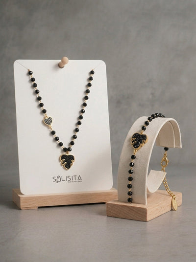 Black Glitter Leaf Beaded Jewellery Set - Gold