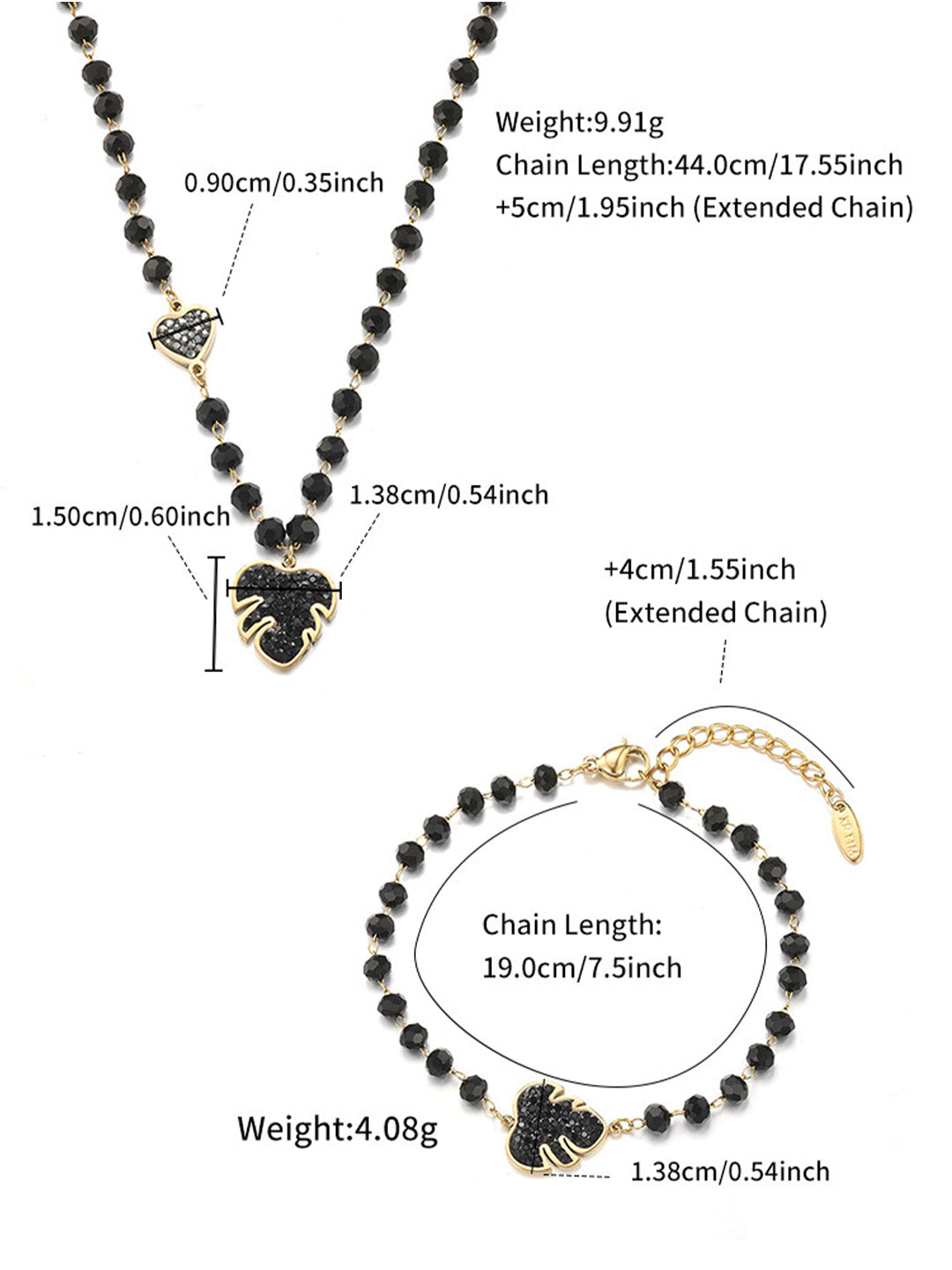 Black Glitter Leaf Beaded Jewellery Set Gold Flat-Lay — Solisita