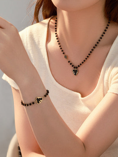 Black Glitter Leaf Beaded Jewellery Set - Gold