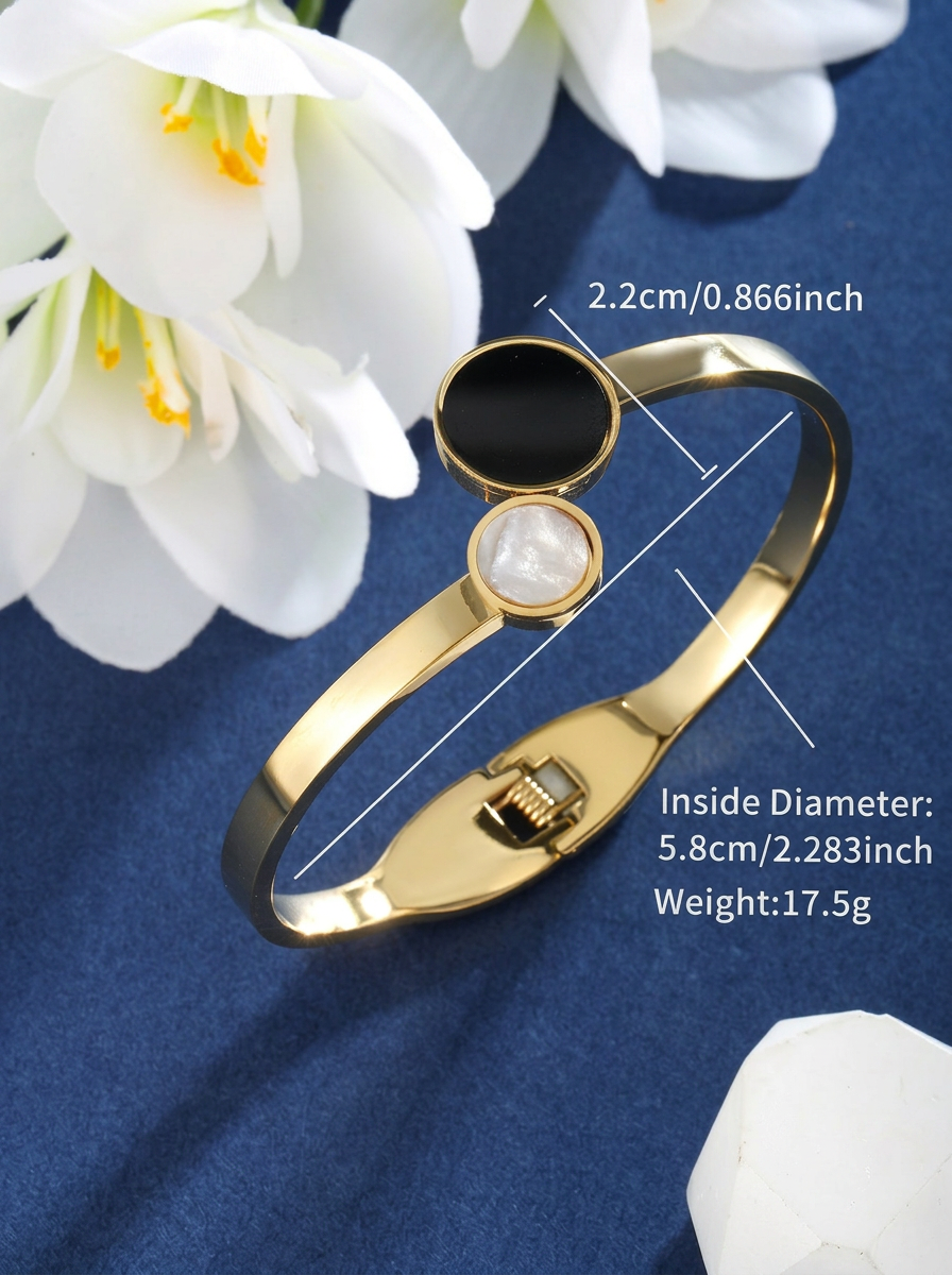 Black & White Shell Geometric Bangle Gold Flat-Lay Styled — Solisita