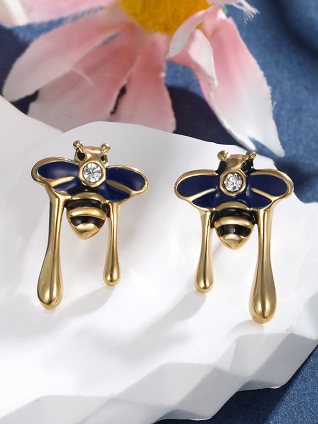 Blue Enamel Bee Asymmetrical Set Gold On-Hand Detail — Solisita