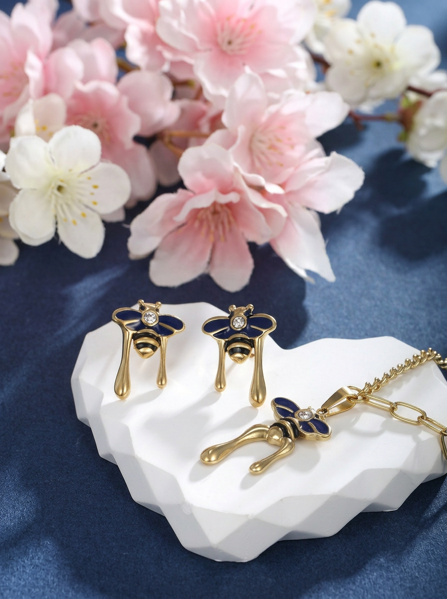 Blue Enamel Bee Asymmetrical Set Gold Styled — Solisita