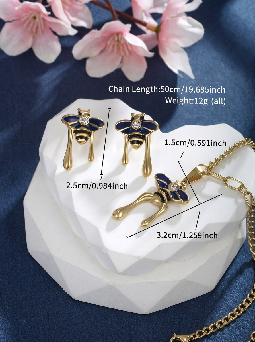 Blue Enamel Bee Asymmetrical Set Gold Flat-Lay — Solisita