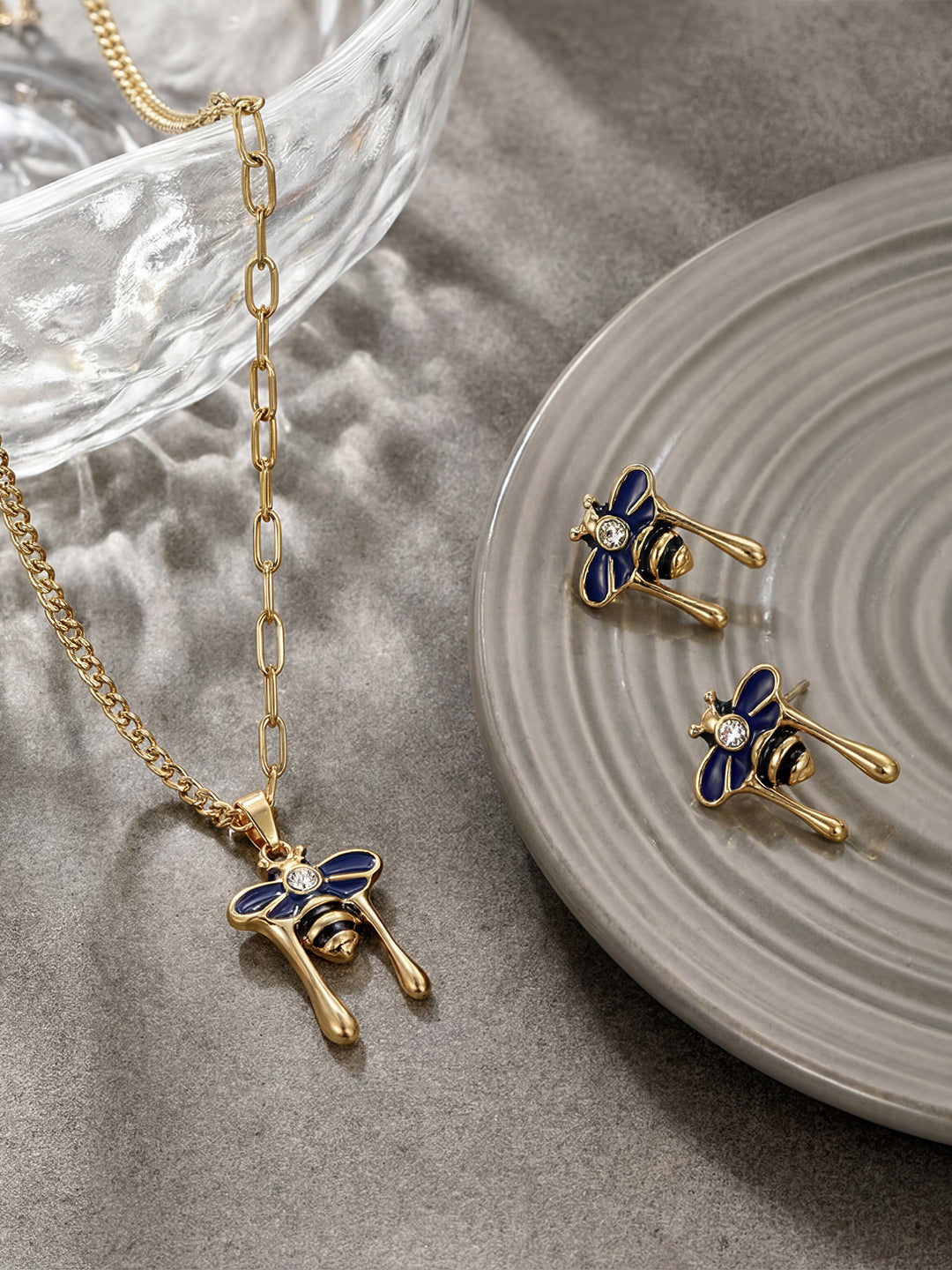 Blue Enamel Bee Asymmetrical Set Gold Close-Up — Solisita