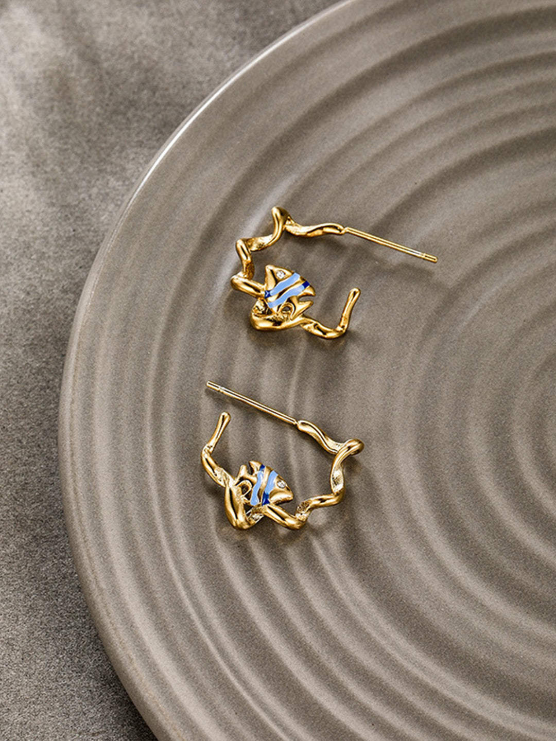 Blue Enamel Fish Asymmetrical Set Gold-Tone On-Hand Styled — Solisita