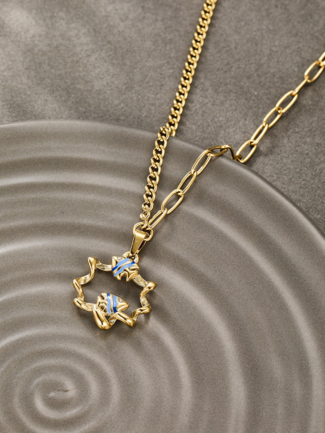 Blue Enamel Fish Asymmetrical Set Gold-Tone Detail Close-Up — Solisita