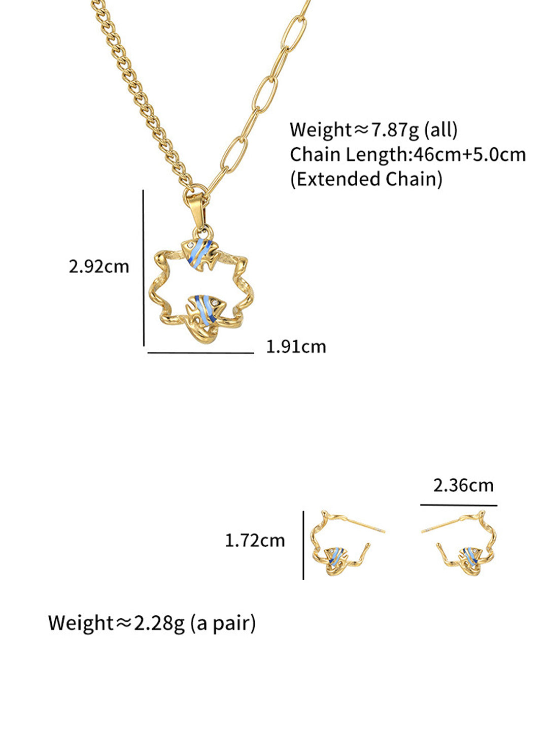 Blue Enamel Fish Asymmetrical Set Gold-Tone Flat-Lay Display — Solisita