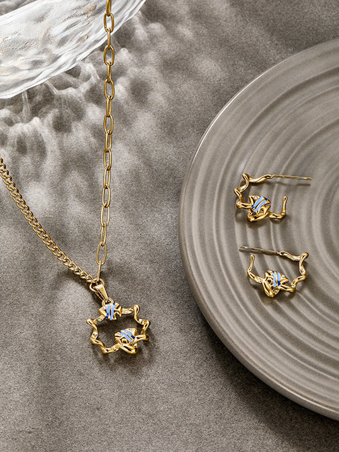 Blue Enamel Fish Asymmetrical Set Gold-Tone Water Drop Angle — Solisita