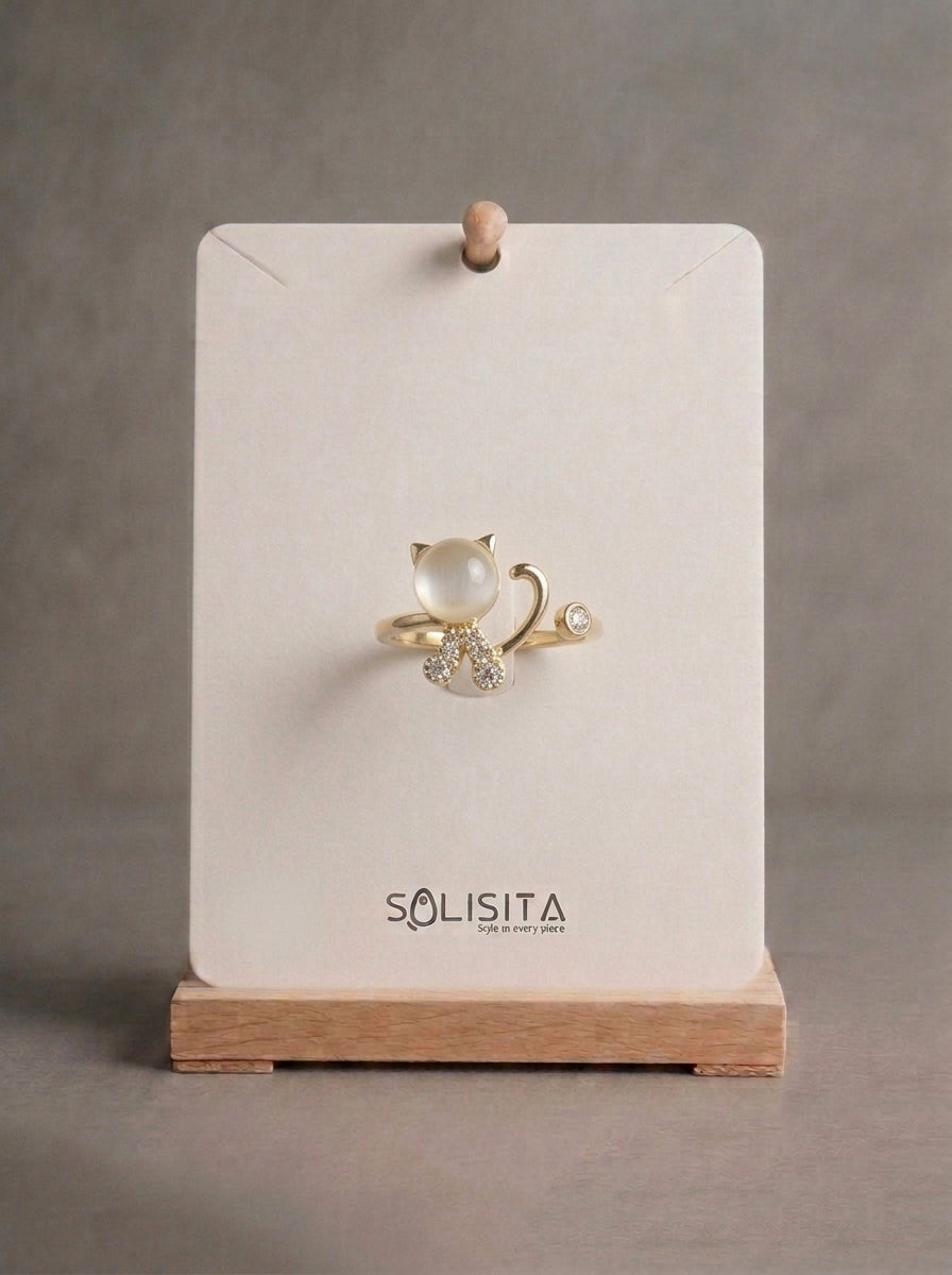 Cat's Eye Crystal Open Ring Gold Close-Up Detail — Solisita