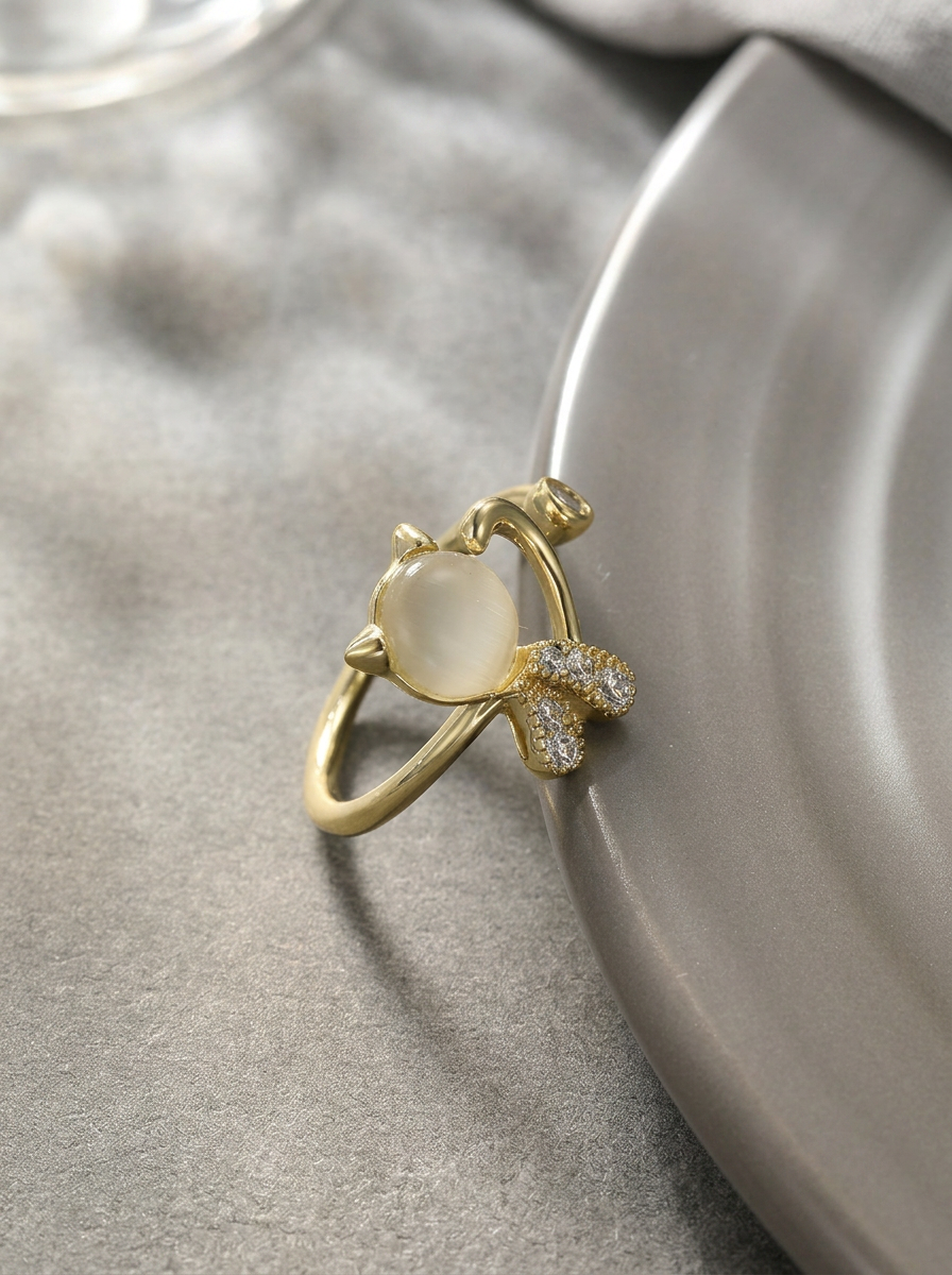 Cat's Eye Crystal Open Ring Gold Angle View — Solisita