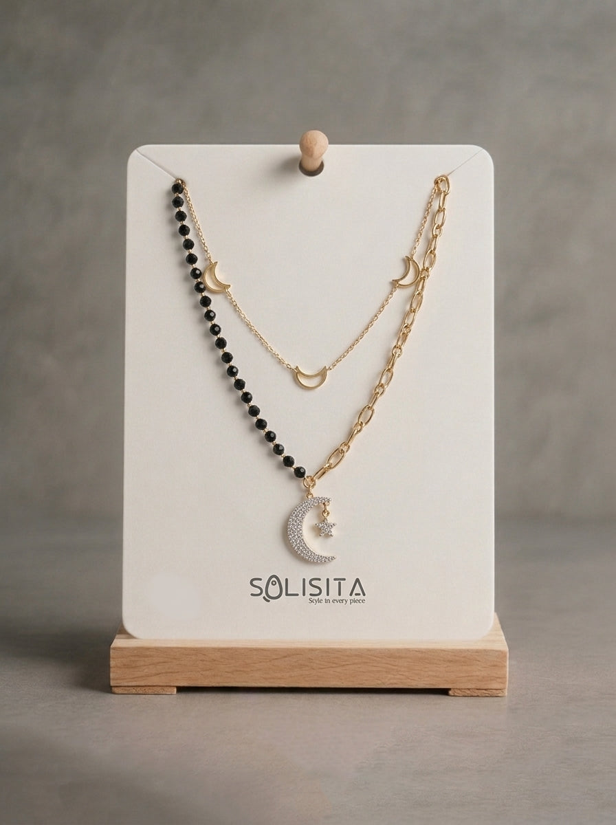 Celestial Star & Moon Layered Necklace Gold Close-Up Detail — Solisita