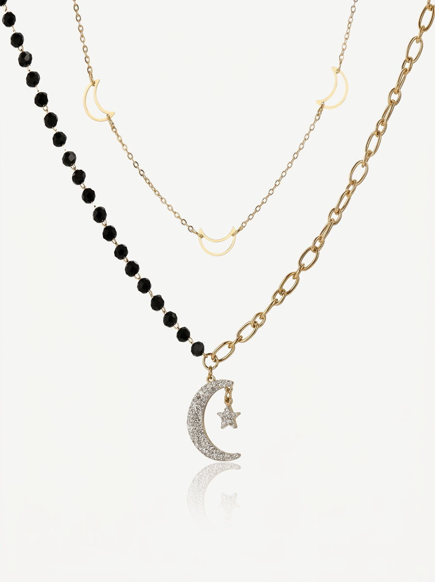 Celestial Star & Moon Layered Necklace Gold Front View — Solisita