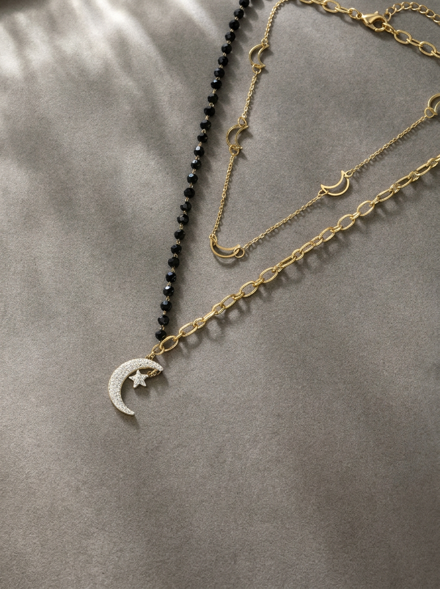 Celestial Star & Moon Layered Necklace Gold Angle View — Solisita