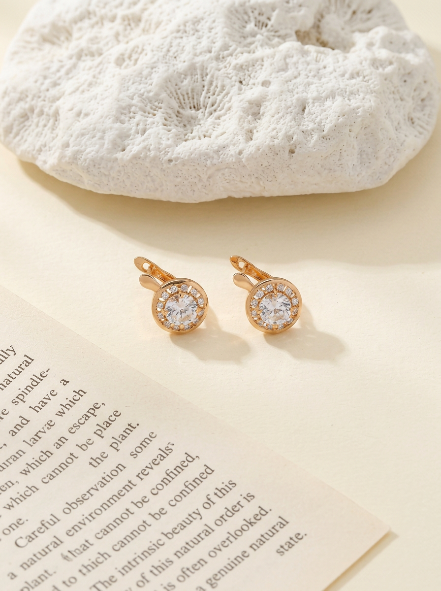 Classic Crystal Halo Leverback Earrings Gold On-Ear Shot — Solisita