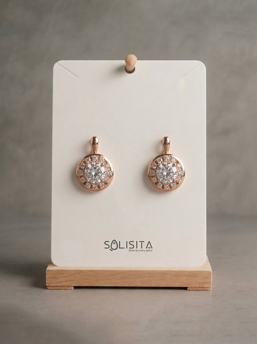 Classic Crystal Halo Leverback Earrings Gold Close-Up Detail — Solisita