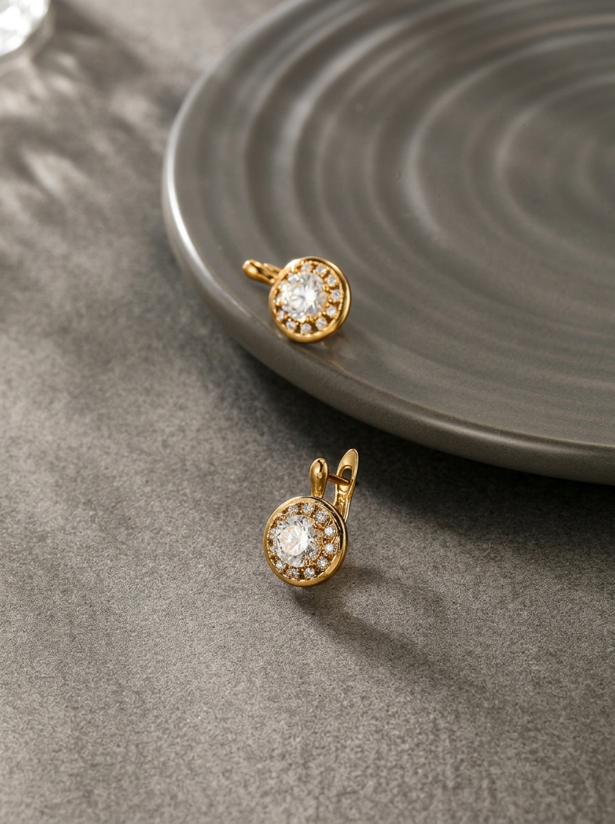 Classic Crystal Halo Leverback Earrings Gold Angle View — Solisita