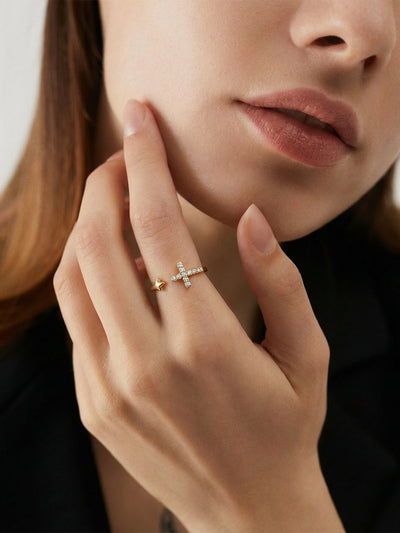 Crystal Cross & Star Open Ring - Gold