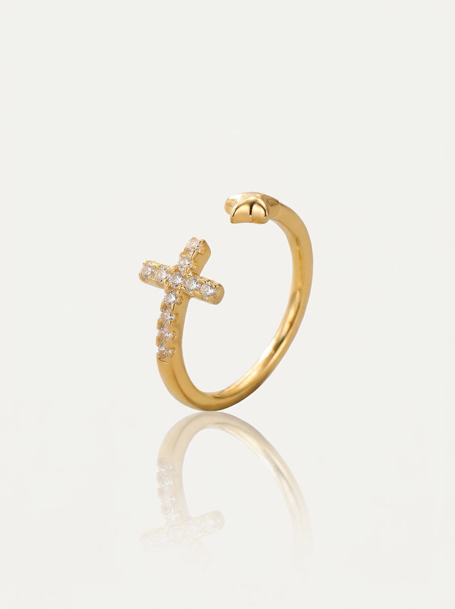 Crystal cross & star open ring gold front view — solisita