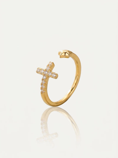 Crystal Cross & Star Open Ring - Gold