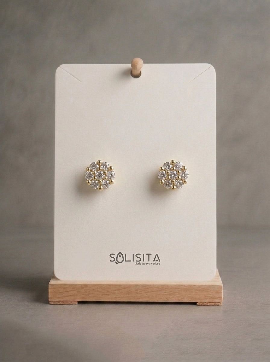 Crystal Flower Stud Earrings Gold Close-Up Detail — Solisita