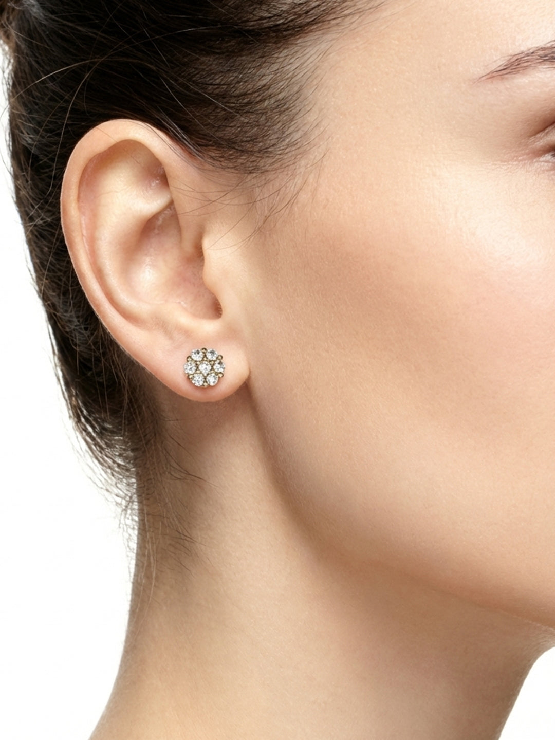 Crystal Flower Stud Earrings Gold On-Ear Model — Solisita