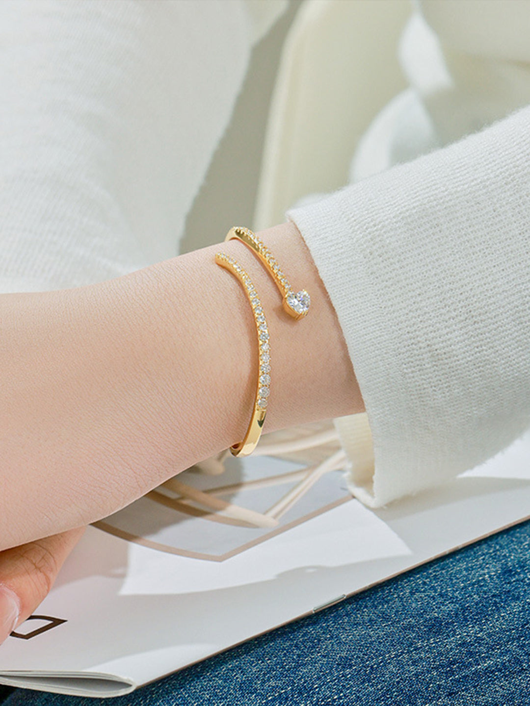 Crystal Heart Wrap Bangle Gold On-Wrist Shot — Solisita