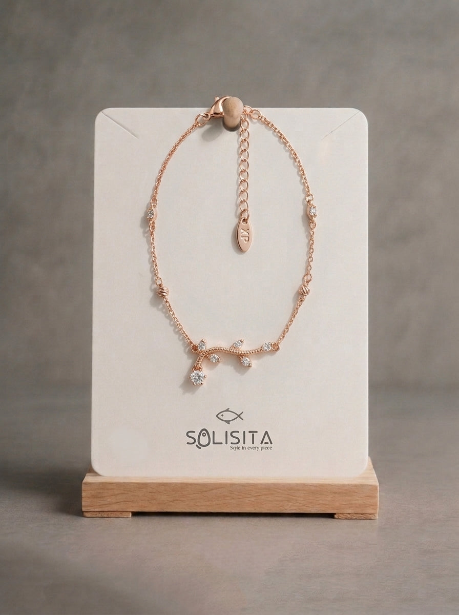 Crystal Leaf Branch Bracelet Gold Close-Up Detail — Solisita
