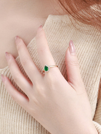 Crystal Teardrop Halo Ring - Gold