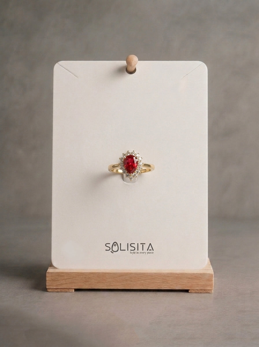 Crystal Teardrop Halo Ring Gold On-Hand — Solisita