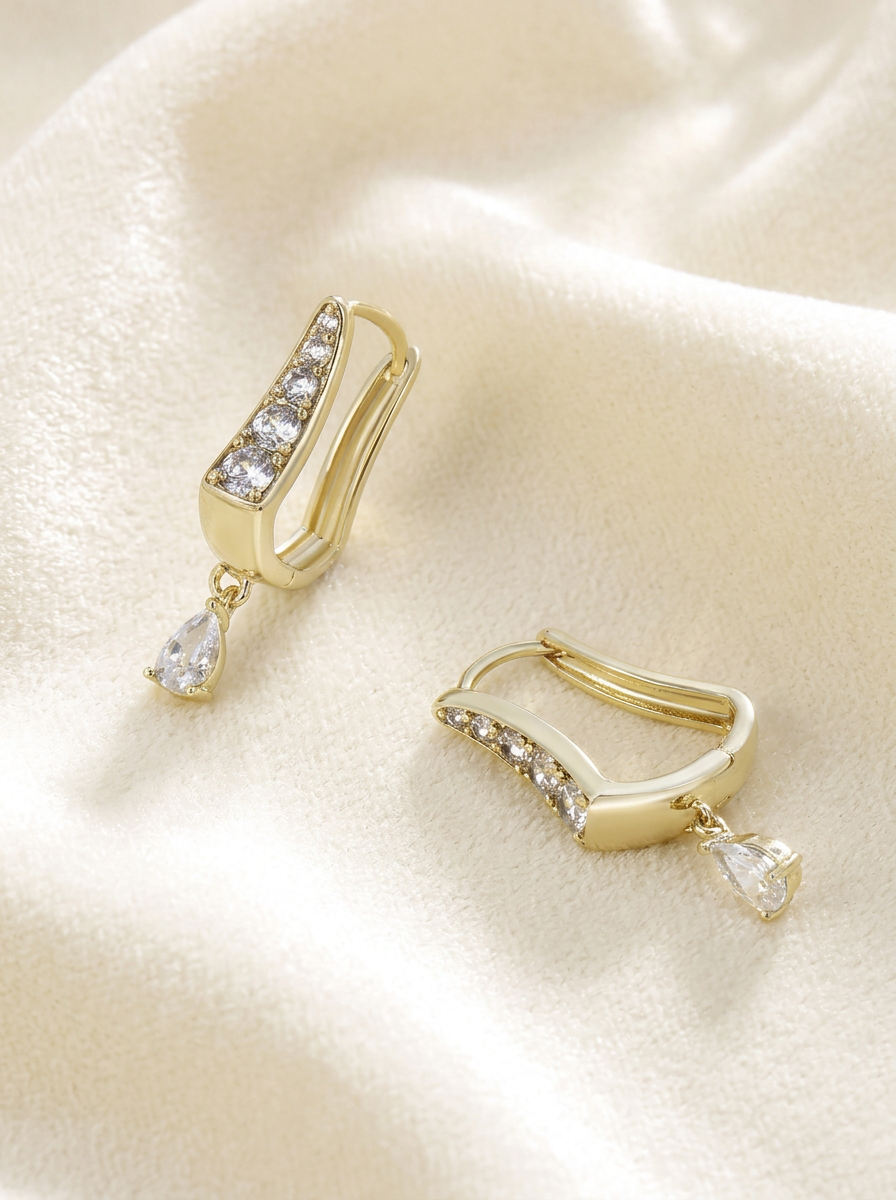 Crystal Teardrop U-Hoop Earrings Gold Styled With Outfit — Solisita