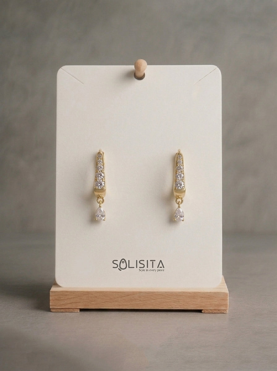Crystal Teardrop U-Hoop Earrings Gold On-Ear Close-Up — Solisita
