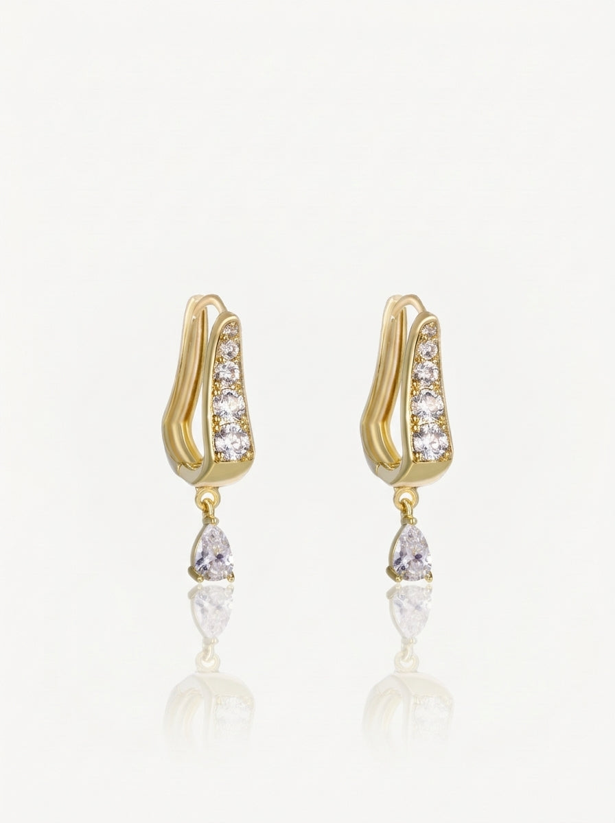 Crystal teardrop u hoop earrings gold front view — solisita