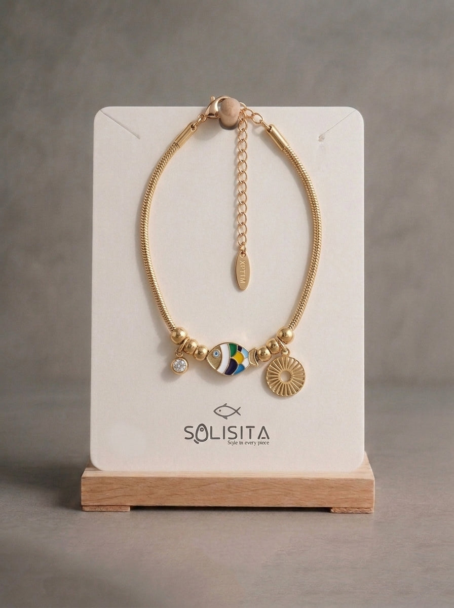 Enamel Fish & Sun Charm Bracelet Gold Close-Up Detail — Solisita