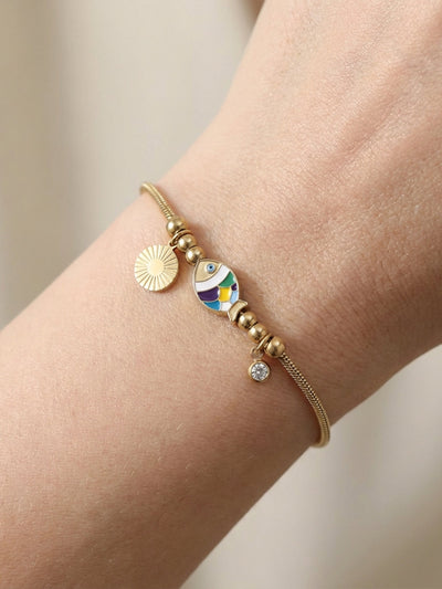 Enamel Fish & Sun Charm Bracelet – Gold