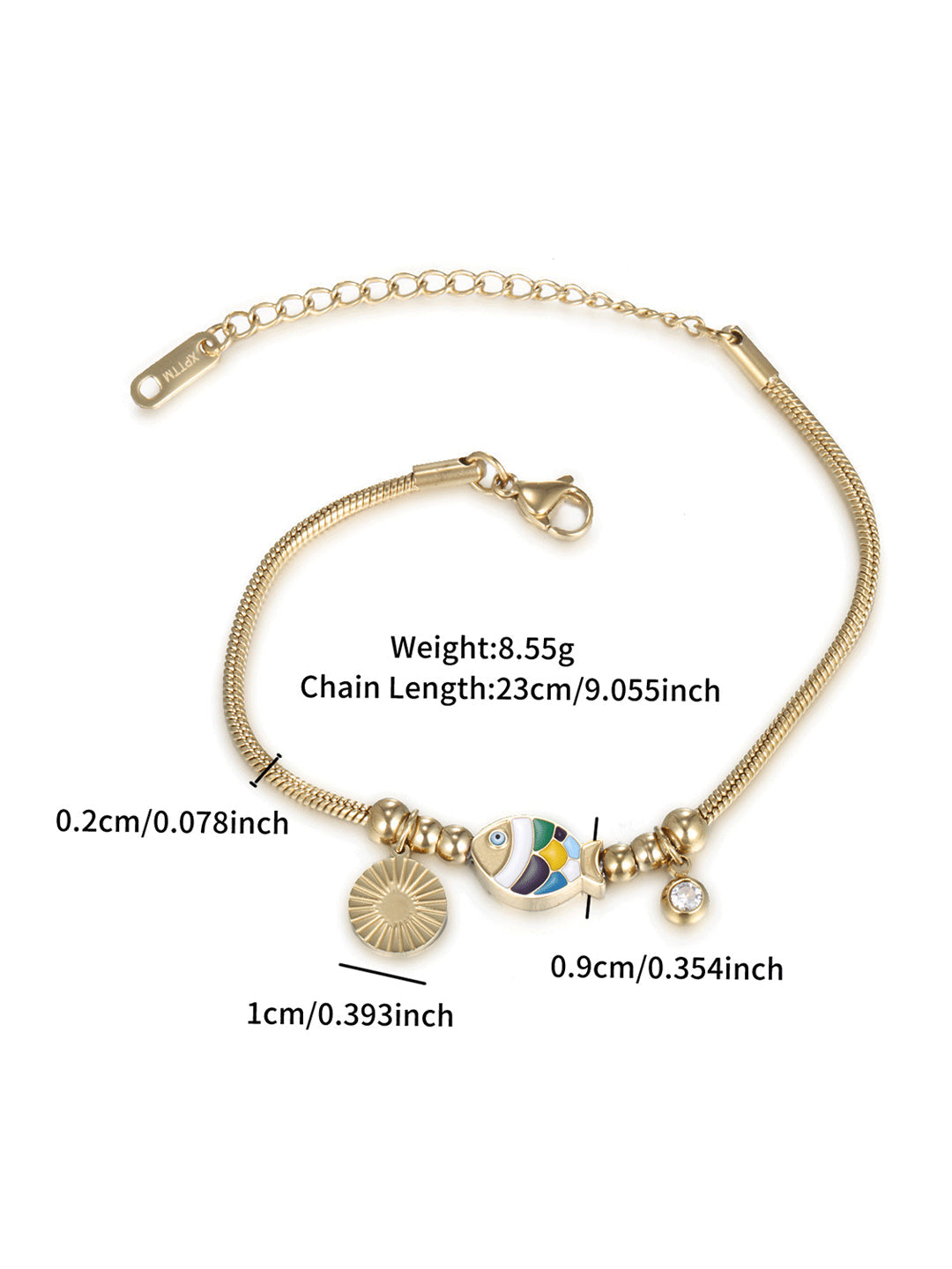 Enamel Fish & Sun Charm Bracelet Gold Flat-Lay Styled — Solisita