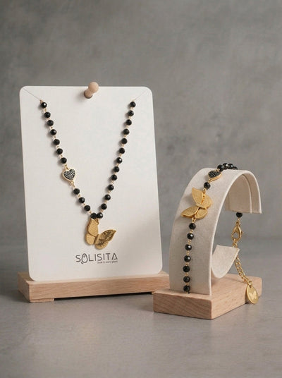 Gold Butterfly & Black Bead Jewellery Set