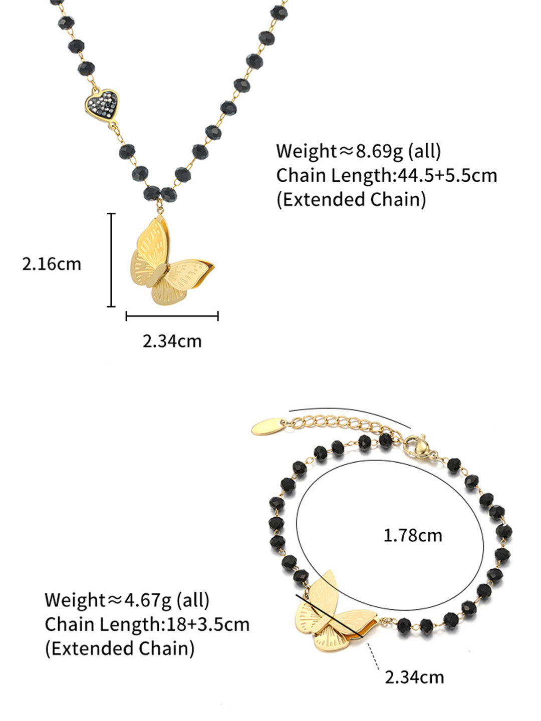 Gold Butterfly & Black Bead Jewellery Set Crystal Flat-lay Display — Solisita