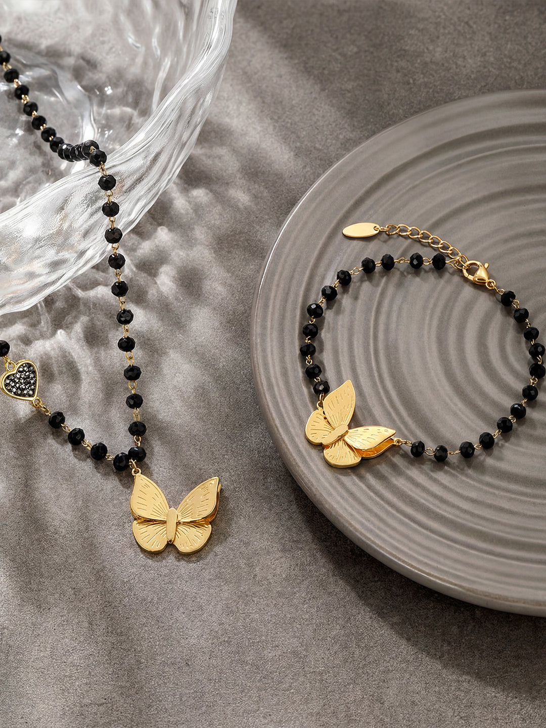 Gold Butterfly & Black Bead Jewellery Set Crystal Styled On-Model — Solisita