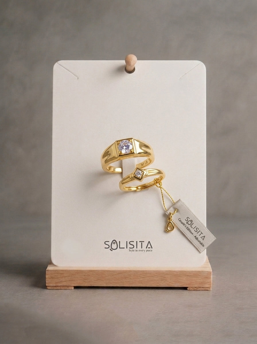 Gold-Tone Cubic Zirconia Couple Ring Set Close-Up Detail — Solisita