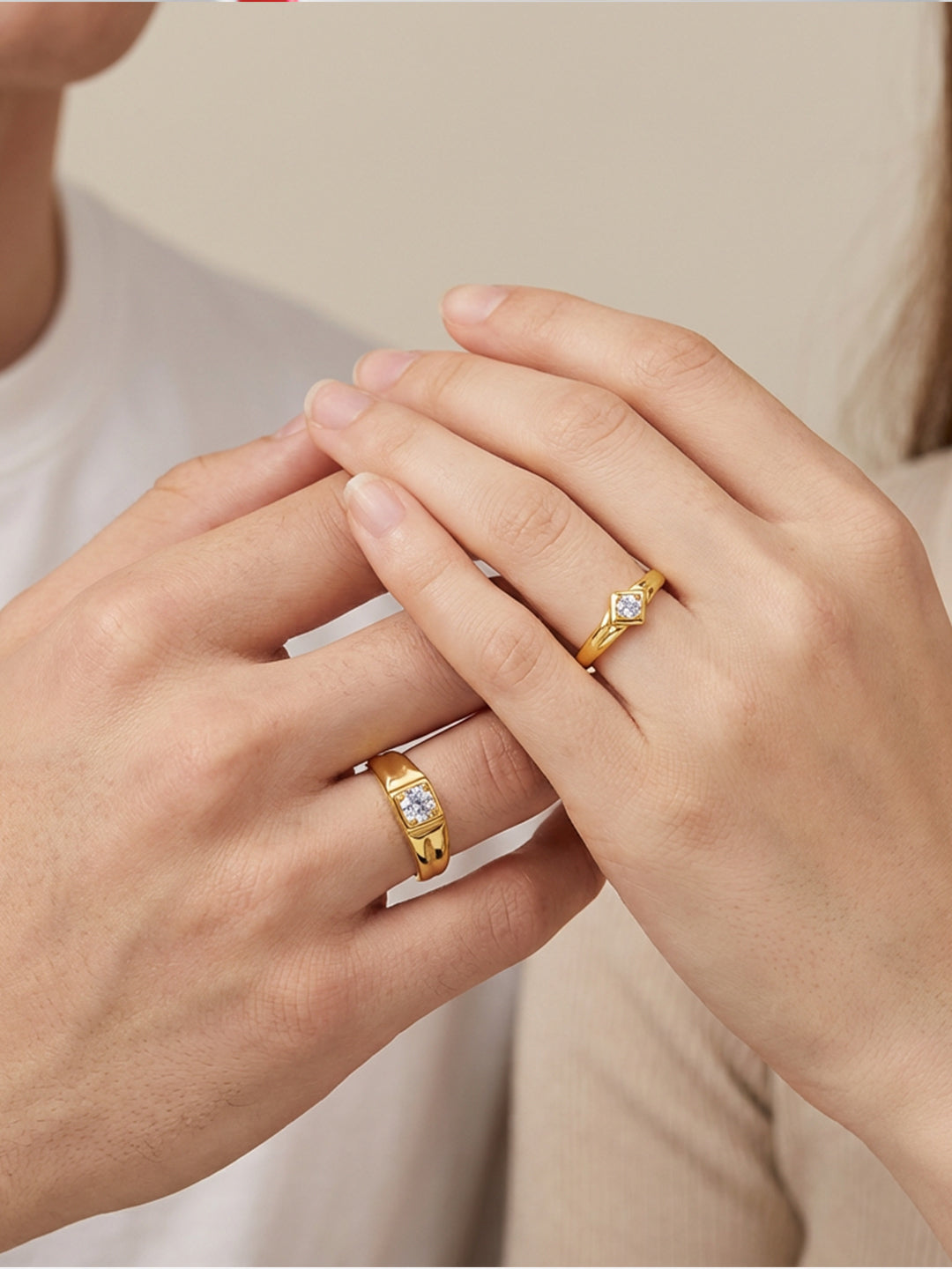 Gold tone cubic zirconia couple ring set side angle — solisita