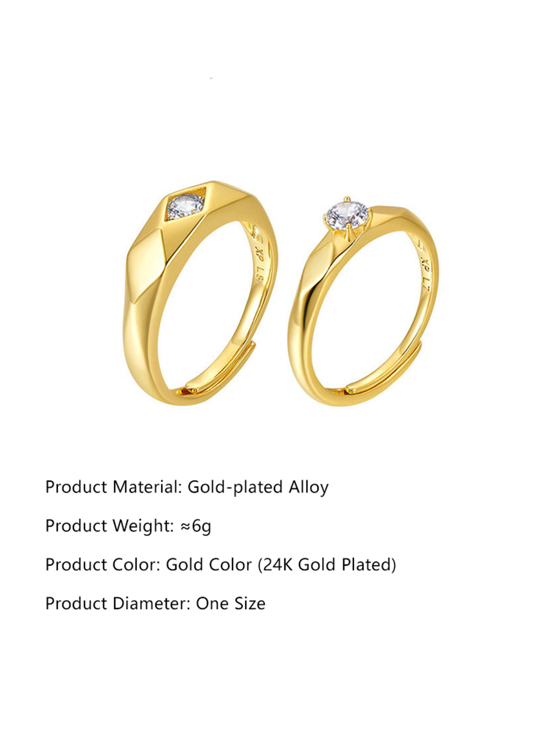Gold-Tone Cubic Zirconia Couple Ring Set Flat-Lay — Solisita
